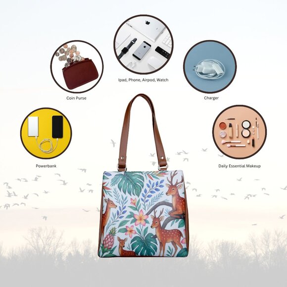 Printed Leather Shoulder Tote Bag for Women – Top Handle Handbag Purse Work - Picture 4 of 9